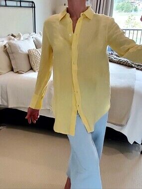 Talbots 100% Linen Button Up Butter Yellow Round Split Hem Shirt Runs Big XS NWT